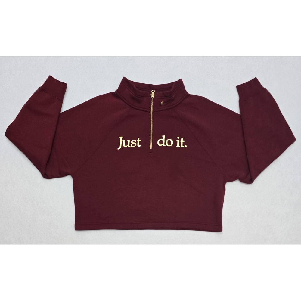Nike Womens Quarter Zip Cropped Sweatshirt Burgundy Gold Just Do It Medium M